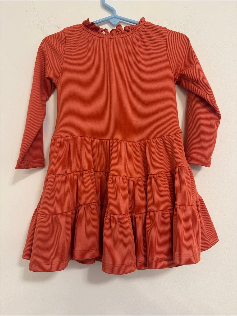 Girls' Tiered Long-Sleeve Dress in Rust Orange